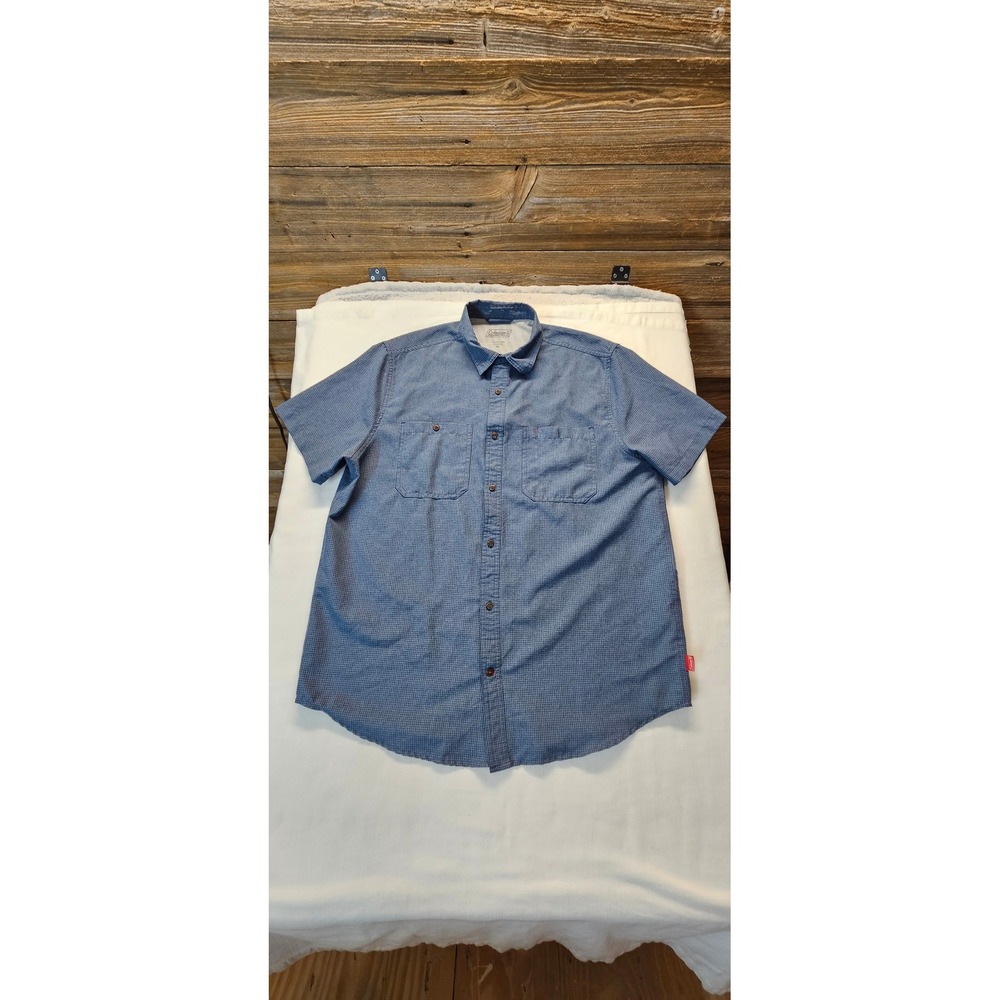 Coleman Mens XL Short Sleeve Button Down Shirt Blue Micro Grid Mesh Lined Hike